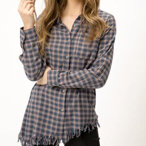 MYSTREE Navy Rust Plaid Fringe Hem Button Up Shirt, Long Sleeve Flannel Top